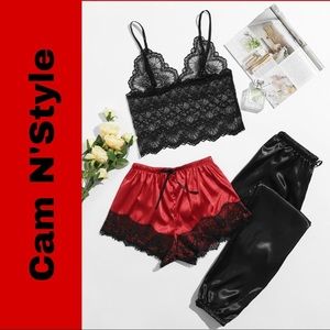 New Red & Black Satin Silk-Like Lace Pajama Set
